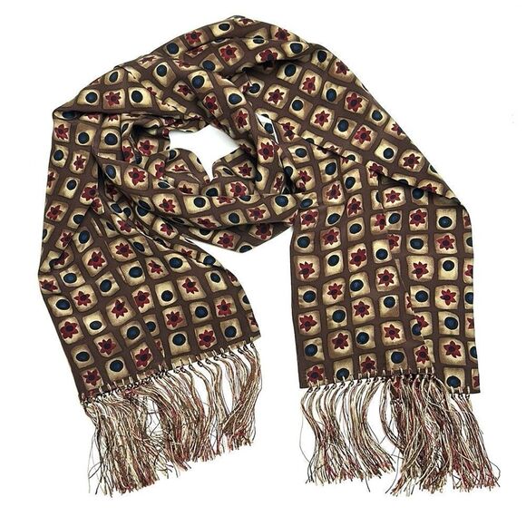 Men’s Silk Dress Scarf with Fringes Brown Beige Blue Red - Picture 1 of 6